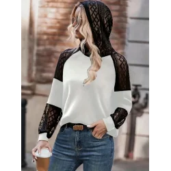 Kadın Uzun Kollu Dantelli Kapşonlu Viskon Iki Iplik Bluz