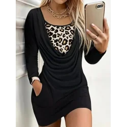 Kadın Uzun Kollu Degaje Yaka Leopar Detaylı Cepli Kısa Sandy Elbise