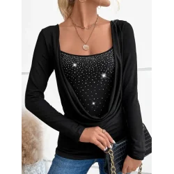Kadın Uzun Kollu Derin Degaje Yakalı Taşlı Sandy Bluz