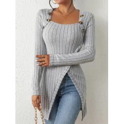 Kadın Uzun Kollu Derin Kare Yaka Düğme Detay şardonlu Kaşkorse Kruvaze Bluz