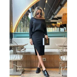 Kadın Uzun Kollu Düşük Omuz Yırtmaç Detay Kaşkorse Etek Bluz Ikili Takım