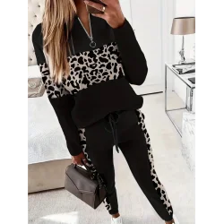 Kadın Uzun Kollu Fermuarlı Karışık Desenli Viskon Iki Iplik Bluz Ve Pantolon Ikili Takım