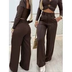 Kadın Uzun Kollu Göğüs Dekolteli Ithal Krep Bluz Ve Pantolon Ikili Takım