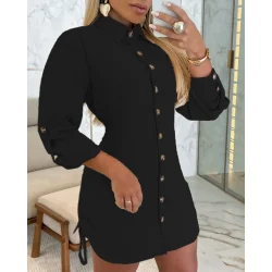 Kadın Uzun Kollu Gömlek Yaka önden Düğmeli Yanlardan Büzgülü Kısa Aerobin Elbise