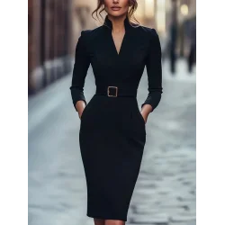 Kadın Uzun Kollu Hakim Yaka Beli Kemerli Cepli Midi Ithal Krep Elbise