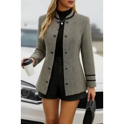 Kadın Uzun Kollu Hakim Yaka Düğme Detaylı Mini Dokuma Ceket