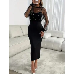 Kadın Uzun Kollu Halka Yaka Tül Inci Detaylı Uzun Ithal Krep Elbise