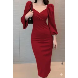 Kadın Uzun Kollu Kalp Yakalı Midi Ithal Krep Elbise