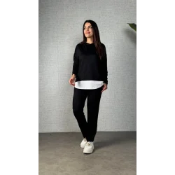 Kadın Uzun Kollu Kapşonlu Bağcıklı Viskon Iki Iplik Bluz Ve Pantolon Ikili Takım