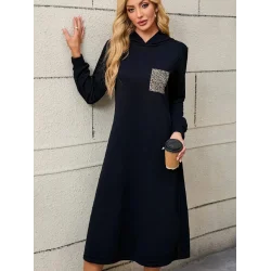 Kadın Uzun Kollu Kapşonlu Cep Detaylı Viskon Iki Iplik Maxi Elbise