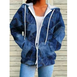 Kadın Uzun Kollu Kapşonlu Fermuarlı Kot Desenli Bağcıklı Modal Ceket