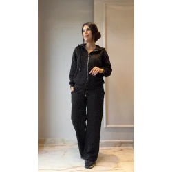 Kadın Uzun Kollu Kapşonlu Fermuarlı Taşlı önü Fermuarlı Viskon Iki Iplik Bluz Ve Eşofman Altı Ikili Takım