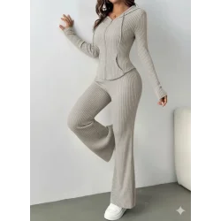 Kadın Uzun Kollu Kapşonlu önden Fermuarlı Kaşkorse Bluz Ve Pantolon Ikili Takım
