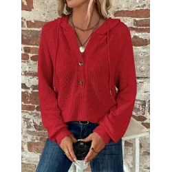 Kadın Uzun Kollu Kapşonlu önü Düğmeli Ve Bağcıklı Waffle Bluz