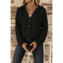 Kadın Uzun Kollu Kapşonlu önü Düğmeli Ve Bağcıklı Waffle Bluz