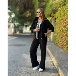 Kadın Uzun Kollu Kapşonlu Onu şerit Detaylı Fermuarlı Viskon Iki Iplik Bluz Ve Pantolon Ikili Takım