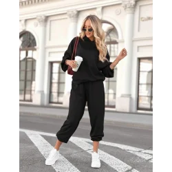 Kadın Uzun Kollu Kapşonlu Viskon Iki Iplik Bluz Ve Pantolon Ikili Takım