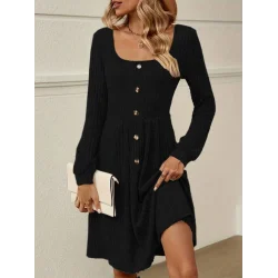 Kadın Uzun Kollu Kare Yaka Düğmeli Kısa şardonlu Iki Iplik Mini Elbise