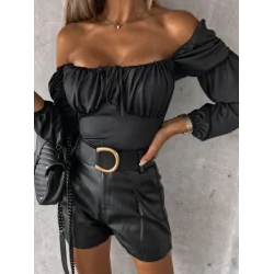 Kadın Uzun Kollu Kare Yaka Göğüs Büzgü Detay Sandy Bluz