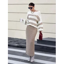 Kadın Uzun Kollu Kayık Yakalı Salaş Triko Bluz Ve Etek Ikili Takım