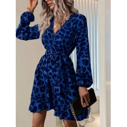 Kadın Uzun Kollu Kruvaze Yaka Belden Kuşaklı çapraz Kesim Detaylı Leopar Modal Mini Elbise