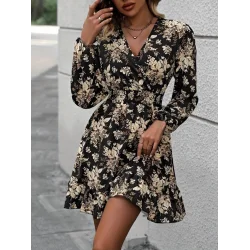 Kadın Uzun Kollu Kruvaze Yaka Beli Gipeli çiçek Desenli Kısa Dalgıç Elbise