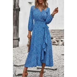 Kadın Uzun Kollu Kruvaze Yaka Yandan Bağlamalı önden Fırfır Detaylı Süprem Uzun Elbise