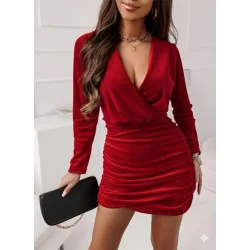 Kadın Uzun Kollu Kruvaze Yaka Yandan Büzgülü Mini Ithal Krep Elbise