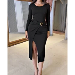 Kadın Uzun Kollu Kruvaze Yaka Yandan Toka Detaylı önden çapraz Detaylı Ottoman Elbise