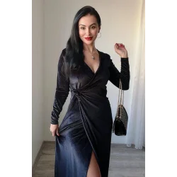 Kadın Uzun Kollu Kruvaze Yaka Yırtmaçlı Kadife Elbise
