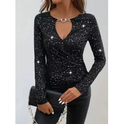 Kadın Uzun Kollu Kruvaze Yakalı Aksesuarlı Dalgıç Bluz