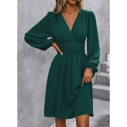 Kadın Uzun Kollu Kruvaze Yakalı Bel Korsajlı Mini Elbise