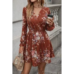 Kadın Uzun Kollu Kruvaze Yakalı çiçek Desenli Mini Süprem Elbise