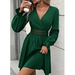 Kadın Uzun Kollu Kruvaze Yakalı Dantelli Fermuar Detaylı Mini Ithal Krep Elbise