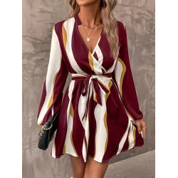 Kadın Uzun Kollu Kruvaze Yakalı Desenli Modal Mini Elbise