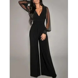 Kadın Uzun Kollu Kruvaze Yakalı Kolları Tüllü Viskon Tulum