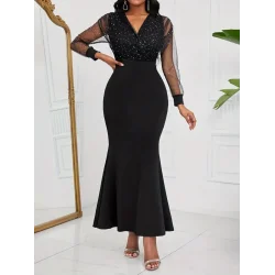 Kadın Uzun Kollu Kruvaze Yakalı Taş Ve Tül Detaylı Uzun Ithal Krep Elbise