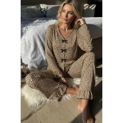 Kadın Uzun Kollu Leopar Desenli Fiyonklu Ev Giyim Pijama Takımı