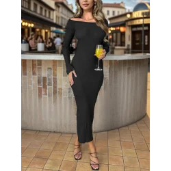 Kadın Uzun Kollu Madonna Yaka Parmak Geçmeli Detay Kaşkorse Elbise