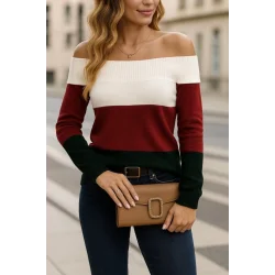 Kadın Uzun Kollu Omuzlardan Açık Uzun Kollu Blok çizgili Triko Bluz