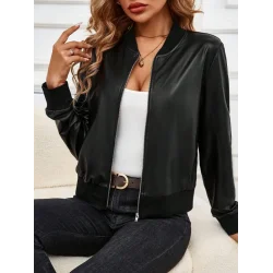 Kadın Uzun Kollu önden Fermuarlı Deri Kısa Ceket