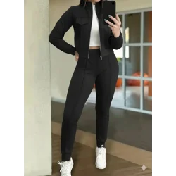 Kadın Uzun Kollu önden Fermuarlı Kısa Modal Ceket Ve Pantolon Ikili Takım