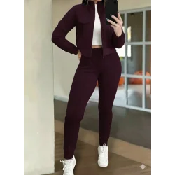 Kadın Uzun Kollu önden Fermuarlı Kısa Modal Mor Ceket Ve Pantolon Ikili Takım