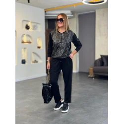 Kadın Uzun Kollu önden Fermuarlı Leopar Desenli Viskon Iki Iplik Bluz Ve Pantolon Ikili Takım