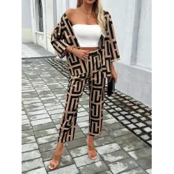 Kadın Uzun Kollu önü Açık Desenli Iki Iplik Ceket Ve Pantolon Ikili Takım