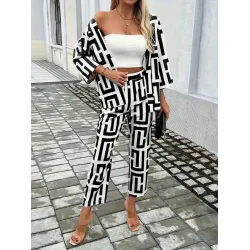 Kadın Uzun Kollu önü Açık Desenli Iki Iplik Ceket Ve Pantolon Ikili Takım