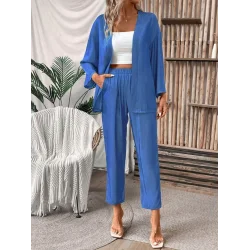 Kadın Uzun Kollu önü Açık Dokuma Ceket Ve Pantolon Ikili Takım