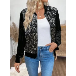 Kadın Uzun Kollu önü Açık Fermuarlı Pulpayetli Kadife Ceket