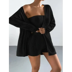 Kadın Uzun Kollu önü Açık şardonlu Kaşkorse Ceket Büstiyer Ve Short üçlü Takım