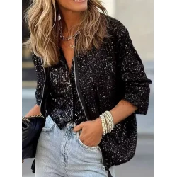 Kadın Uzun Kollu önü Fermuarlı Kısa Pulpayet Ceket